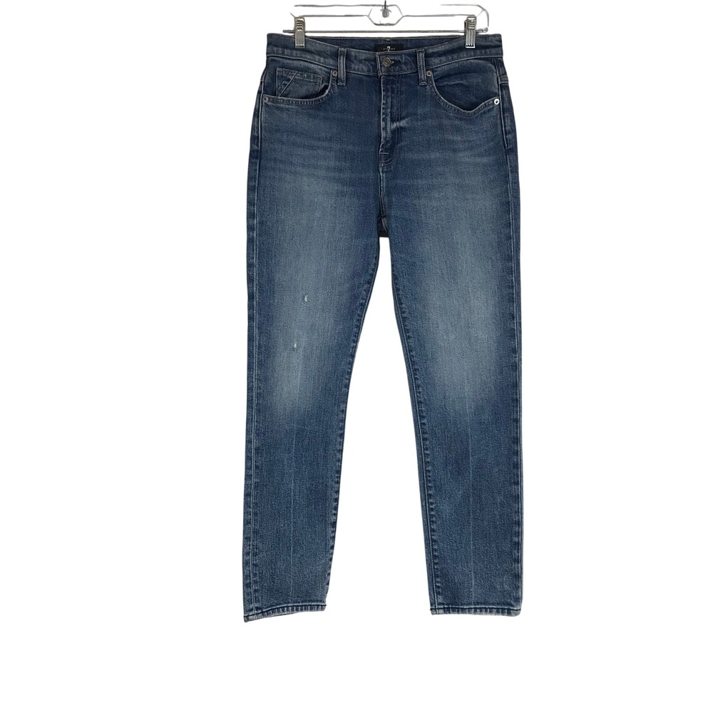 7 For All Mankind High Waist Skinny Jeans Medium Wash Blue Distressed Womens